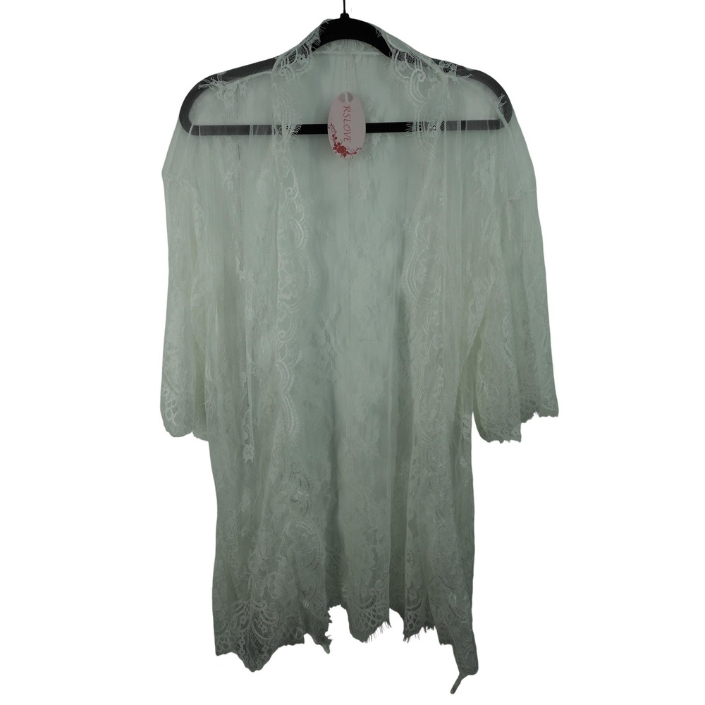 Rslove Robe Womens Medium White Lace Floral Kimono 3/4 Sleeve Lightweight Sheer